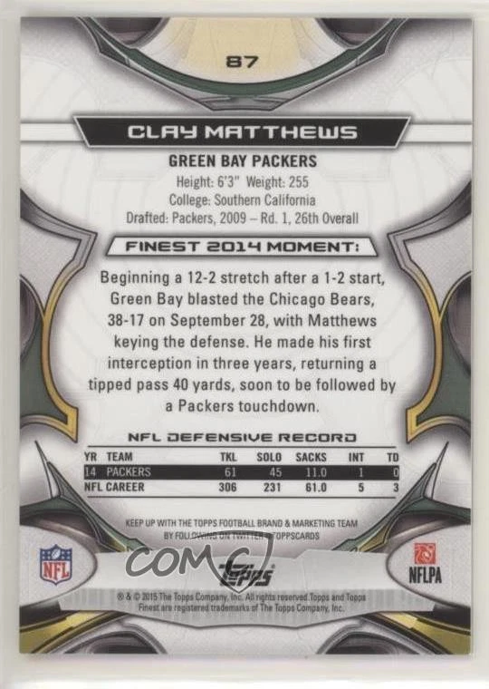 2015 Topps Finest Red Refractor /99 Clay Matthews #87 - Image 2 of 2