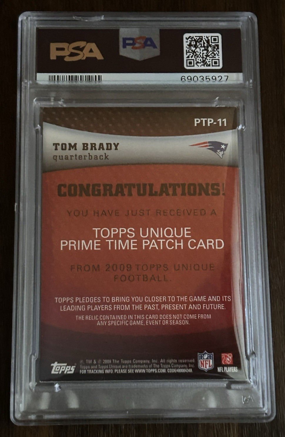 2009 Tom Brady #11 Topps Unique Prime Time Patches PSA 6 (19/40) Rare view 2