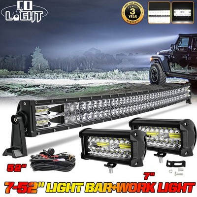 52'' LED Tri-row Light Bar Spot Flood Combo Driving Offroad+2X 7'' Light Bar+Wire