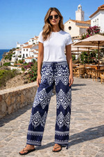 Women WIDE LEG Cotton LINEN Trousers Ladies Summer Casual Elastic Waist Pants