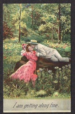 Antique 1910s Romantic ''I Am Getting Along Fine'' Woods Couple Kissing Postcard