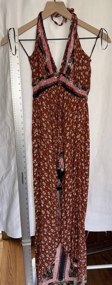 Maxi Vestido Angie Naranja Rojo Marrón Paisley Halter Mameluco Boho Festival Talla S Foto 4 de 4
