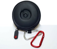 Round Pocket Case for Beats In-Ear Earphones with RED  SILVER Carabiner/Hook.