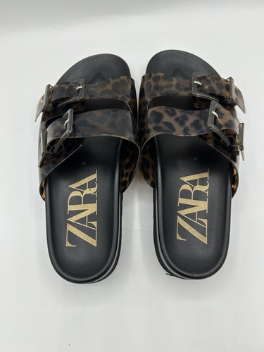Zara Animal Print Rubberized Buckled Slide Sandals Black Size 37 - 第 5/16 張圖片