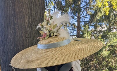 Fancy Straw Hat, Ivory, Light Blues and Pink, 18th Century decorated low  crown