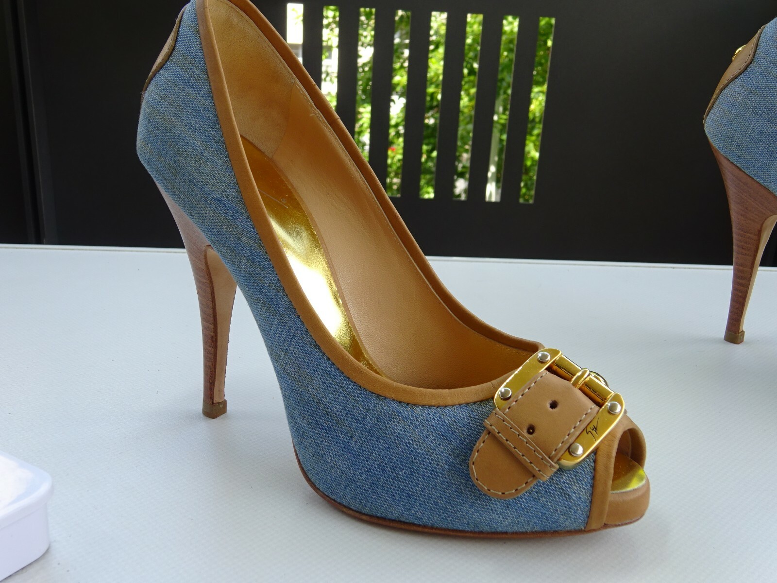 GIUSEPPE ZANOTTI Design Peeptoe Stiletto Pumps Denim Leder Gold Italy Gr.36 Neuw