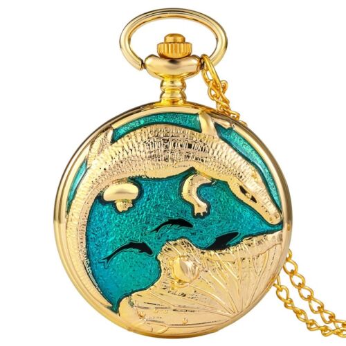Reloj de bolsillo de cuarzo unisex de colección dorado con estuche de aleación de cocodrilo cadena completa de cazador - Imagen 1 de 10