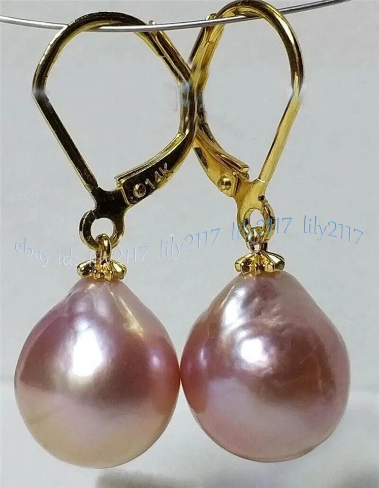 Pendientes de perlas barrocas del Mar del Sur AAA púrpura natural de 12-13 mm oro amarillo de 14K Foto 2 de 4