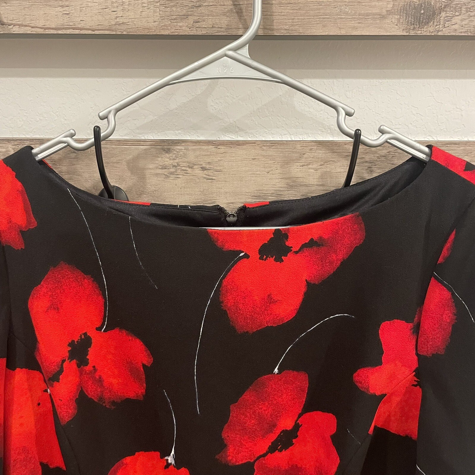 RARE Maggy London Poppy Dress Red Floral Black Puff Sleeve Size 14 *READ* image 3