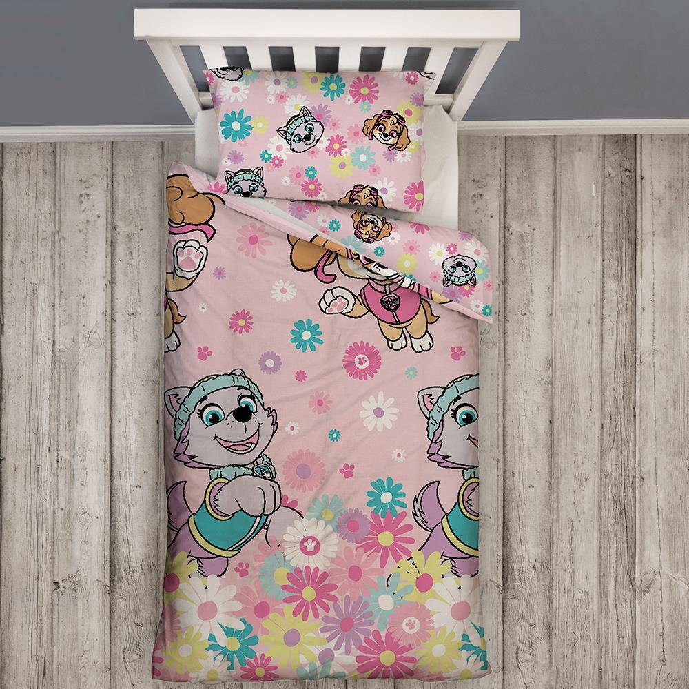 Paw Patrol Singolo Copripiumino e Federa Set Fiori Ragazze Rotante Letto Rosa