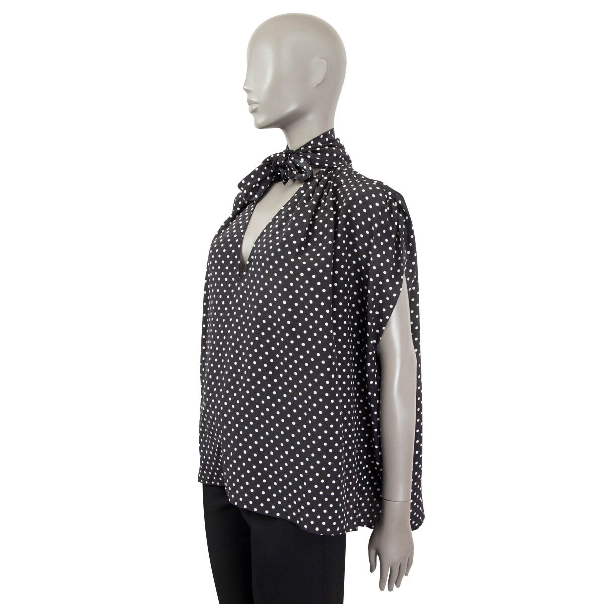 66085 auth MIU MIU black white silk POLKA DOT PUSSY BOW