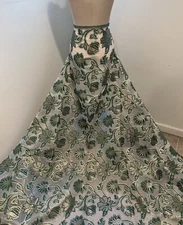 GREEN GOLD WHITE Metallic Brocade ORGANZA Fabric 58” Width Sold By The Yard