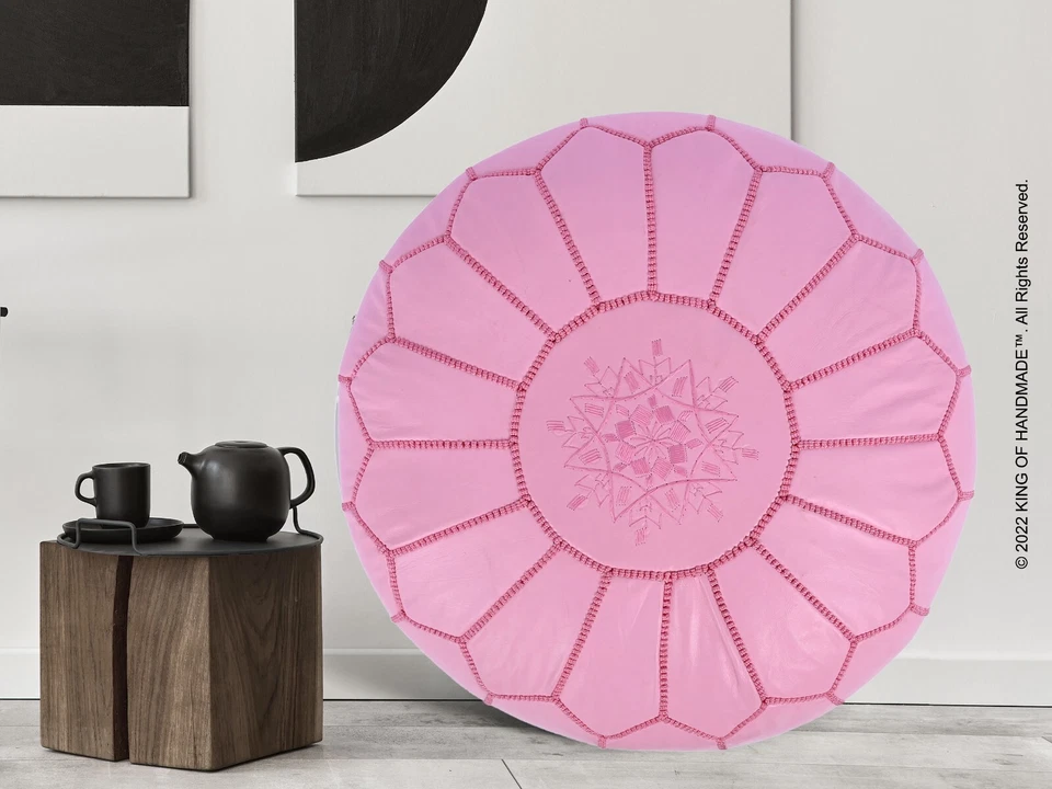 Reposapiés de cuero marroquí otomano, puf rosa, decoración única del hogar para sala de estar Foto 3 de 4