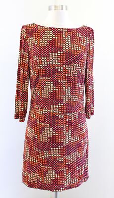 David Meister Red Orange Geometric Print Knit Ruched Dress Size 12 Mini