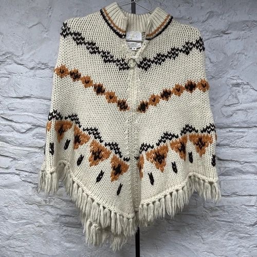 100% Wool Poncho Vintage 1960s Boho Western Full Zip Shawl Fringe Hippie Cape