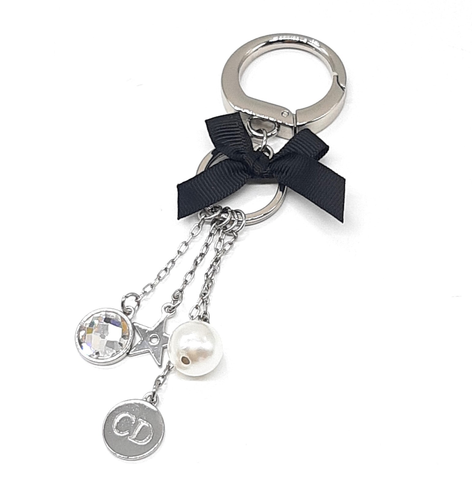 Christian Dior Key ring with ribbon and charm, CD Logo silver color Authentic eBay