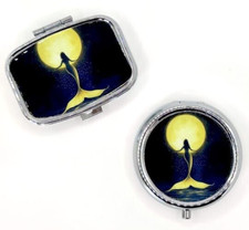 Sleek Art Deco Standing Mermaid Full Moon Purse Pill Box Secure Travel Container