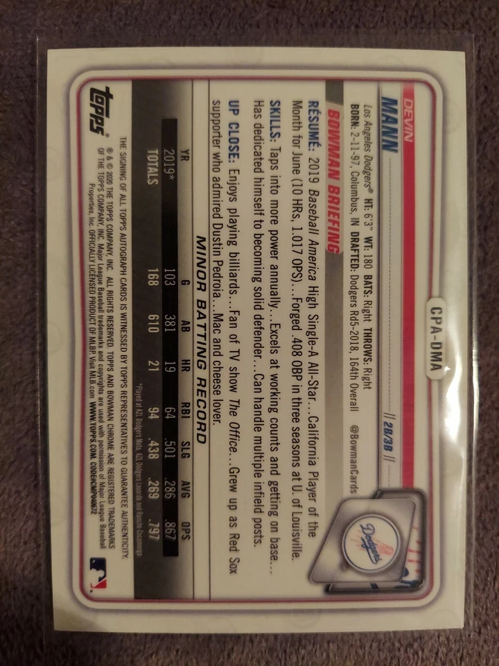 2020 Bowman Chrome Devin Mann LA Dodgers Blue MOJO Prospect Auto /150 #CPA-DMA💎 - Image 2 of 2