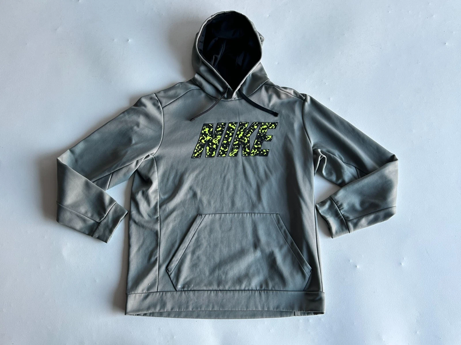 Nike Hoodie Mens XL Gray Fleece Lined Therma Fit Spell Out Drawstring Pullover