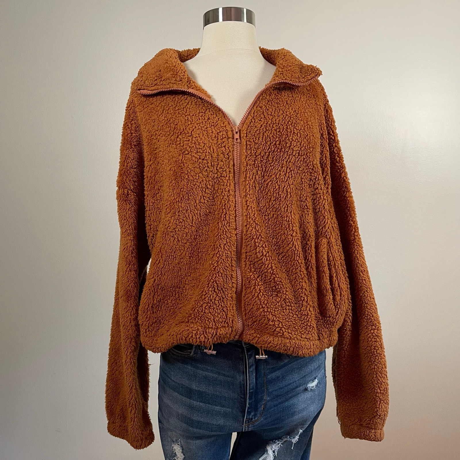 Shein • Fuzzy Zip Up Sweater Jacket Teddy Bear Women's Medium M