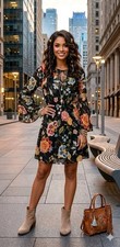  Loft Floral Smocked Mini Dress Bell Sleeves US Size Medium 
