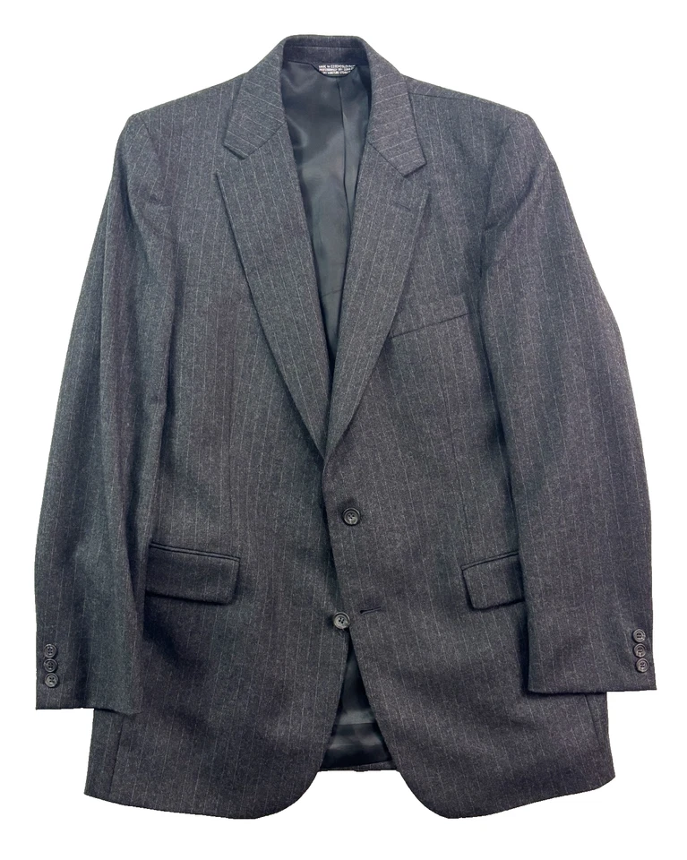 VTG 90s 100% Flannel Wool 42L 36x32 2pc Suit Charcoal Pinstripe Flat Front Mens - Image 2 of 4