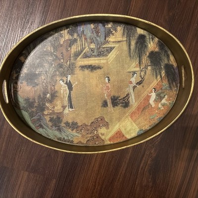 Vintage Pier 1 Asian Lightweight Asian Japanese Scene Wooden Tray 18x13