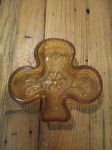 Indiana Glass Tiara Amber Trinket Ring Nut Dish Clover Club Shape Vintage