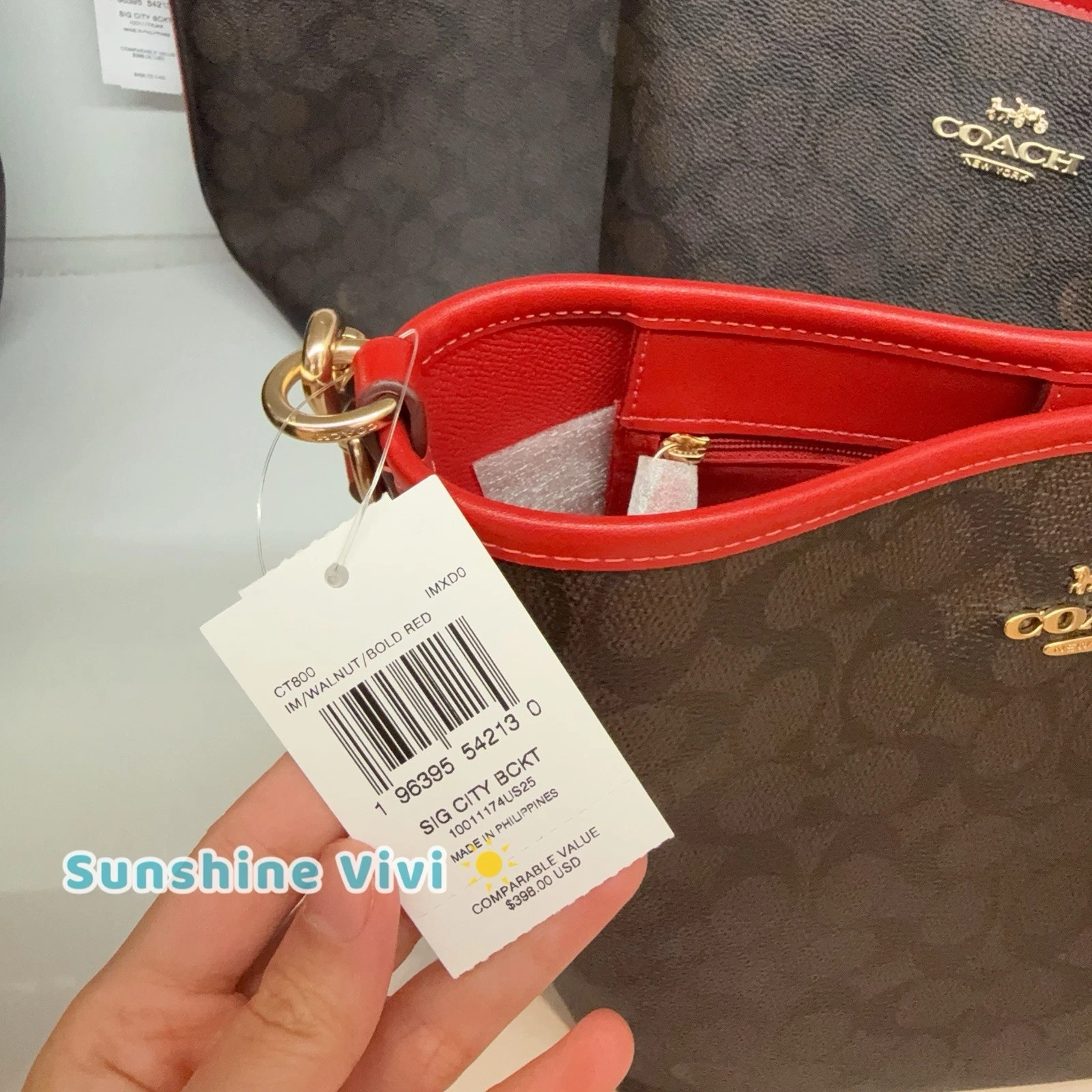 Borsa a secchiello Coach City nuova con etichetta in tela firmata CT800 oro noce rosso audace