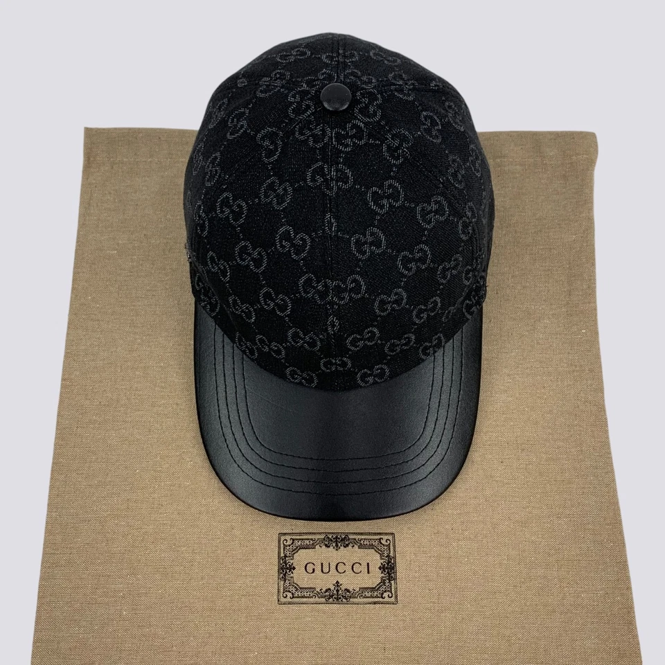 Gucci GG Monograma Logo Denim Algodón Gorra de Béisbol Sombrero Negro y Gris Talla M Foto 4 de 4