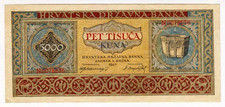 1943 Croatia 5000 Kuna XF N0078636 Paper Banknote Money Currency