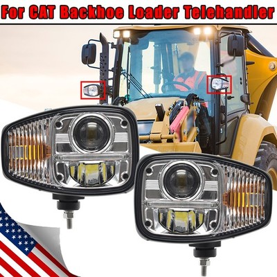 Pair LED Headlights Work Light w/Turn signal For CAT Backhoe Loader Telehandler