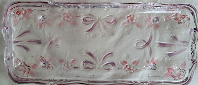 Stollenplatte, Kuchenplatte rechteckig aus Glas mit rosa Blumen, 34 x 15 cm