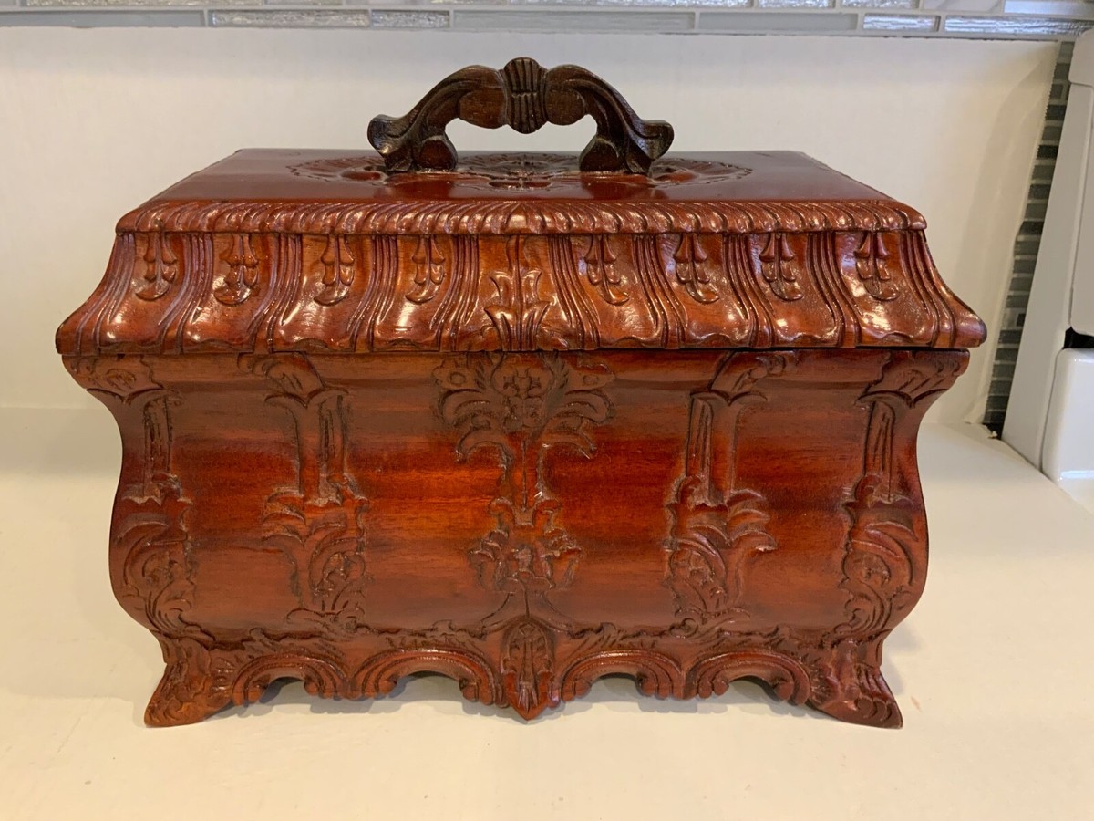 hanoia ベトナム高級インテリアショップ　ティーキャディ　茶葉入れ容器 Antique Replica Hand-Carved Mahogany Wood Tea Caddy Display - Box