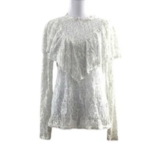 BKE Boutique White Silver Sheer Lace Blouson Ruffle Top Womens Medium Romantic