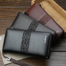 Men's Leather Wallet Zipper ID Card Holder Checkbook Long Clutch Billfold Purse