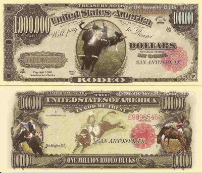 Rodeo Cowboy Bucking Bronco Millionen Dollar Scheine x 2 San Antonio Texas Amerikaner