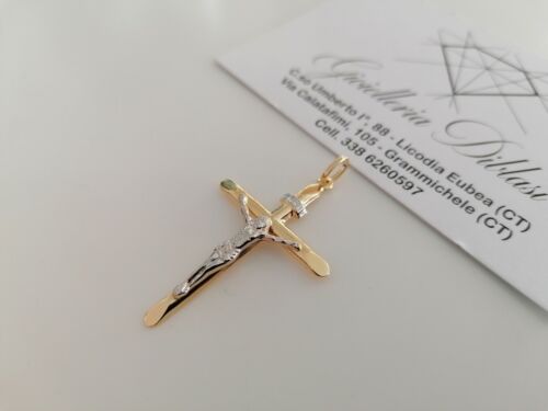 CIONDOLO CROCE Sacra CROCEFISSO CRISTO Pendente In ORO 18 Kt 750% Giallo Bianco - Foto 3 di 9