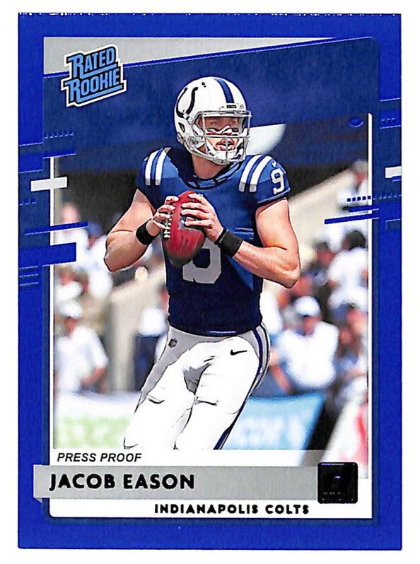 2020 Donruss #312 Jacob Eason Rated Rookie Blue Press Proof card Colts