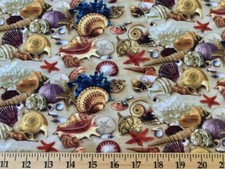 Beach Sea Shells Sandy Ocean Coastal Nautical Landscape Fabric By the Yard t3/7