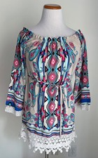 Pink Owl Boho Tunic Off Shoulder Mini Dress, Trumpet Sleeves, Lace Hem, Small
