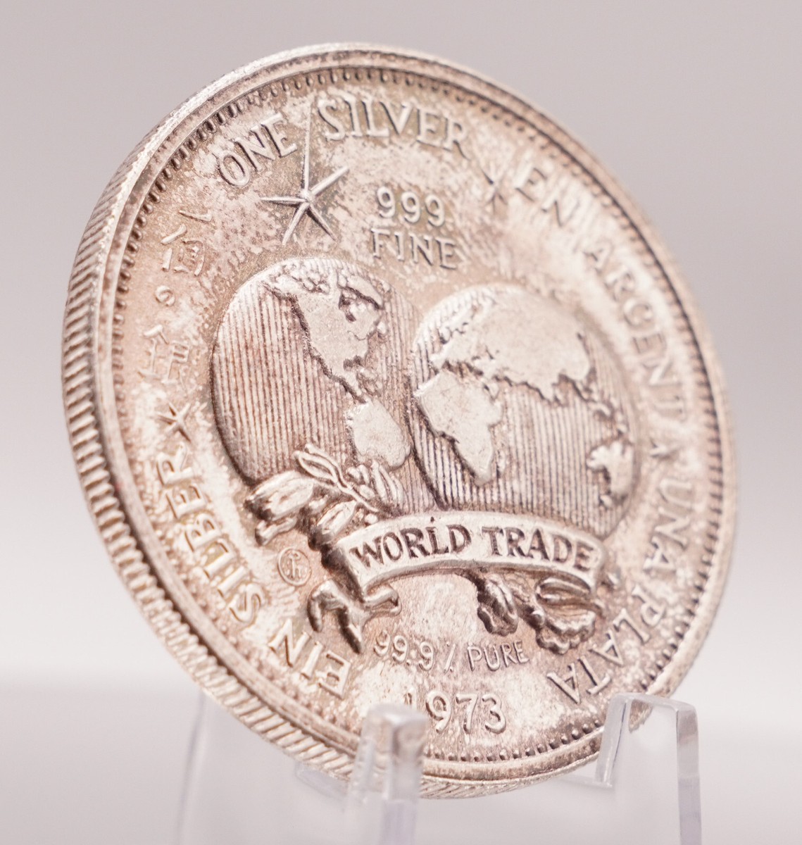 1973 World Trade Una Plata Argent TONED 1oz 999 FINE Silver art