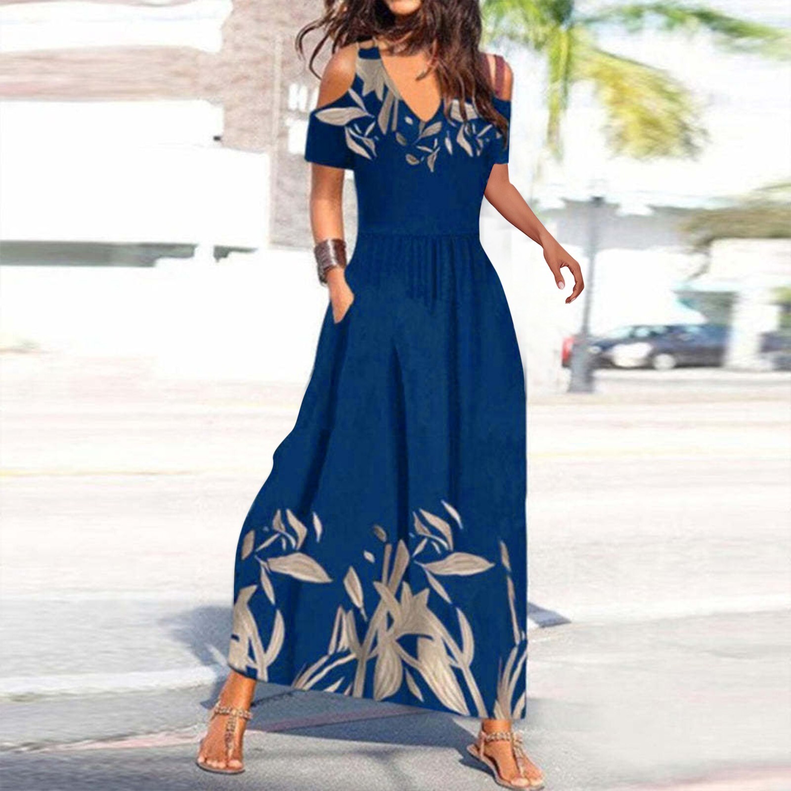 Stylish Casual V-Neck Cold Shoulder Floral Print Sling Dress for Women-image