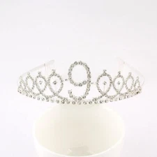 Silver Metal Rhinestone Happy 9th Birthday Princess Tiara Headband Queen Crown
