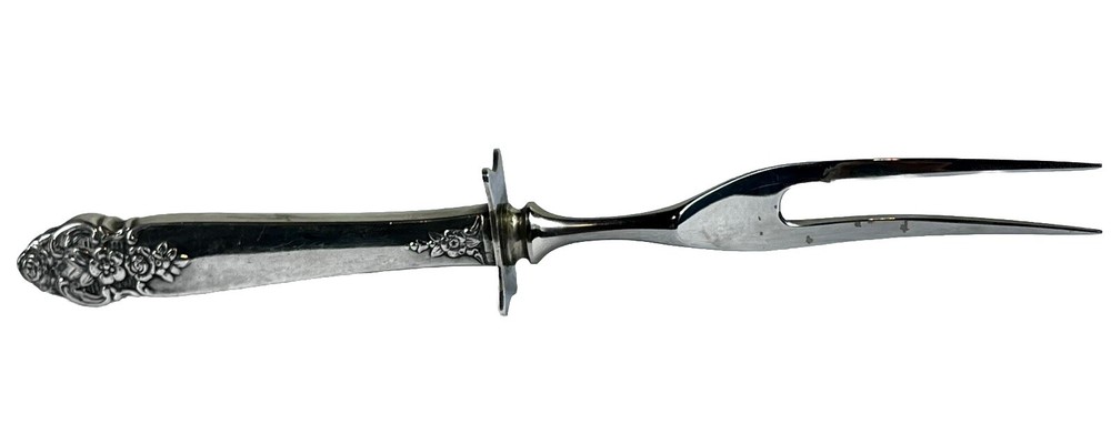 ORNATE Vintage SOLID STERLING SILVER WILD ROSE PATTERN MEAT CARVING Fork