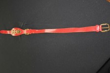 VINTAGE 1960'S FRENCH RED LEATHER BELT HEAVY BRASS BUCKLE 30" L X 2 1/2" WIDTH