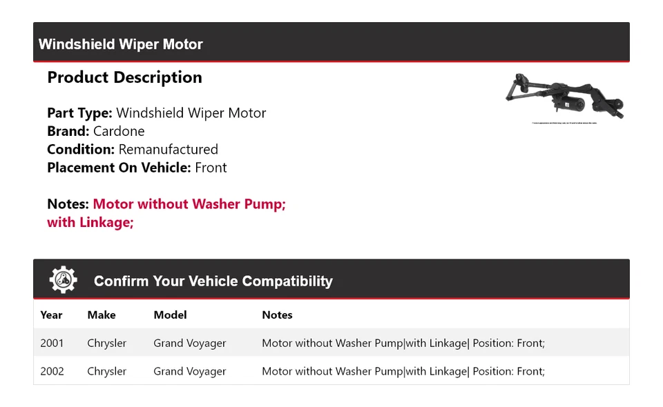 Motor limpiaparabrisas delantero cardone para Chrysler Grand Voyager 2001-2002 Foto 2 de 4