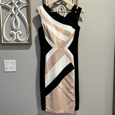 JAX Sheath Cocktail Dress Black Thick Stretch Color Block Split Shoulder Sz 6
