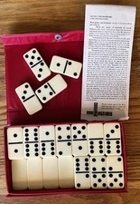 Vintage Ivory Color Bevelled Edge Thick Dominos 28 Pcs RED Vinyl Case Very Nice!