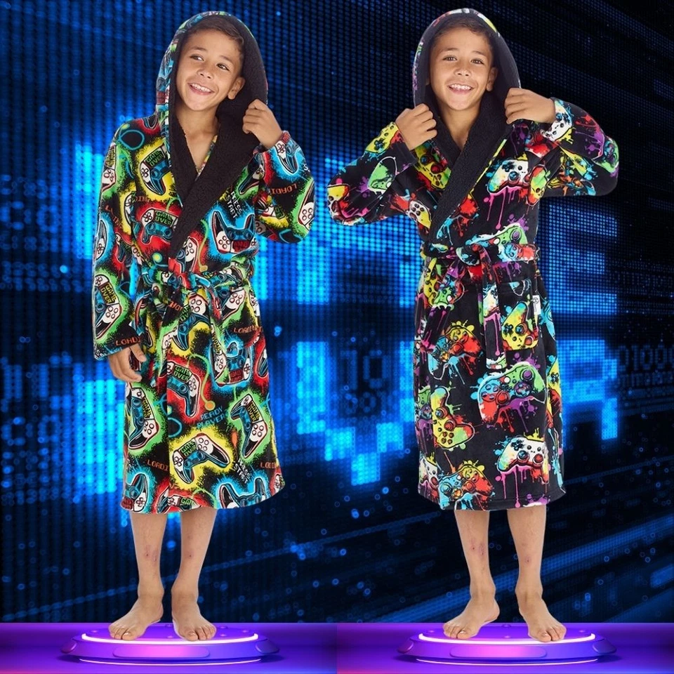 Metzuyan Boys Gamer Plush Fleece Hooded Dressing Gown Robe Warm Cozy 7-13 Years